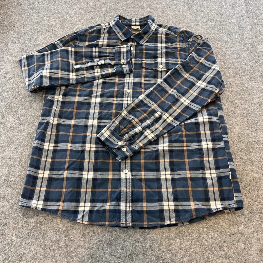 The North Face Men's Heavy Flannel Button Size XL Blue & Gold Plaid Pattern